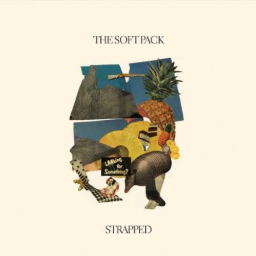 Vinyl album cover with collage of images on beige background.