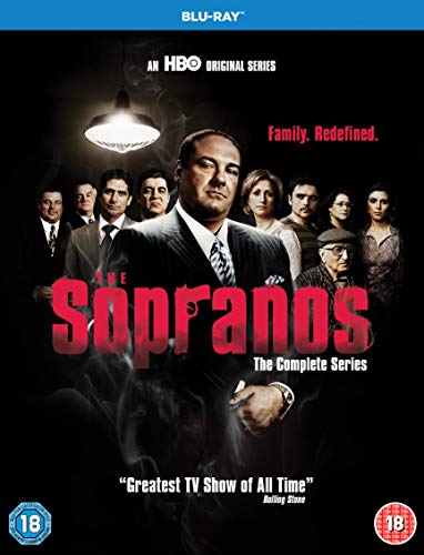 The Sopranos" complete Blu-ray series cover featuring Tony Soprano and cast.