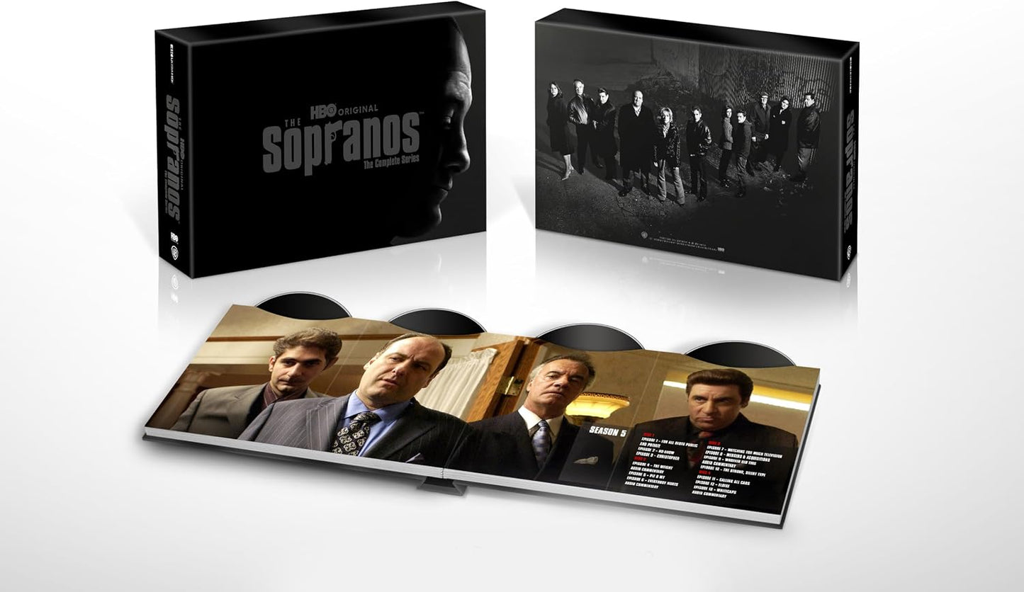 The Sopranos" complete series UHD Blu-ray box set with character imagery.