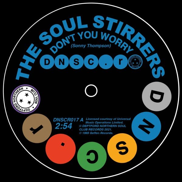 Black vinyl record label with colorful geometric design and band name “Soul Stirrers”.