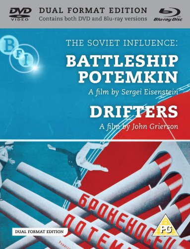 Blu-ray cover for “Battleship Potemkin” and “Drifters” with film stills.
