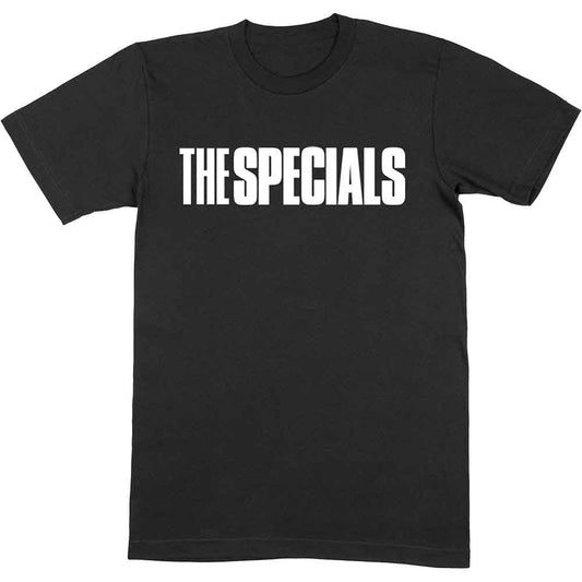 A man wearing a black t-shirt with white The Specials logo text.