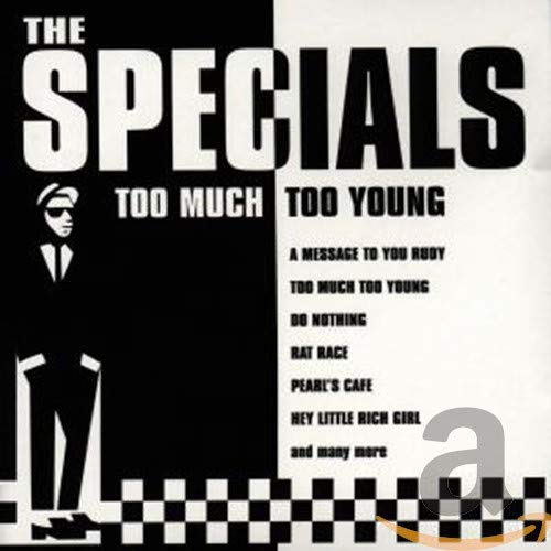 Album cover for The Specials Too Much Too Young featuring black and white graphics.