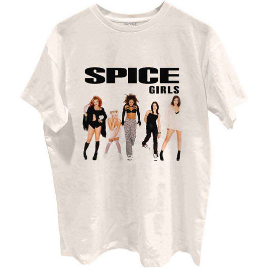 A man wearing a white t-shirt featuring a Spice Girls photo and text logo.