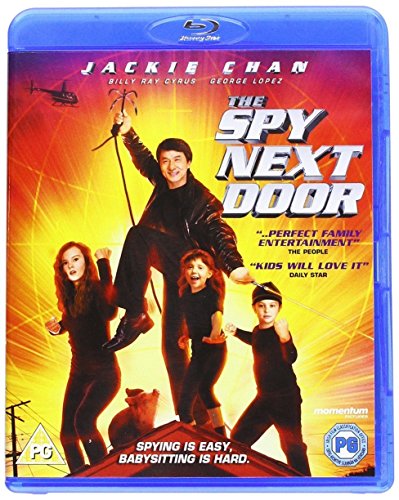 Jackie Chan and three children in black outfits on The Spy Next Door Blu-ray cover.