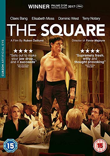 DVD cover for "The Square" featuring a shirtless man in a dining hall.