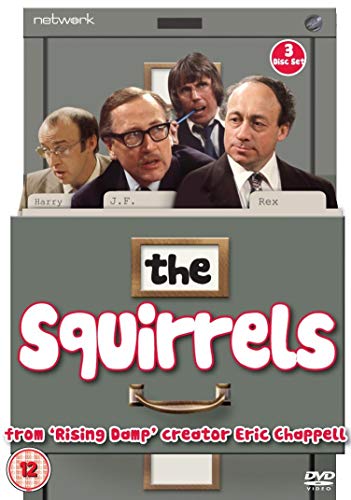 DVD cover for The Squirrels featuring three men behind a grey filing cabinet drawer.