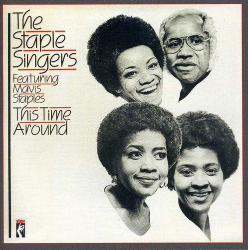 "Album cover with black-and-white portrait photos of The Staple Singers, beige background."