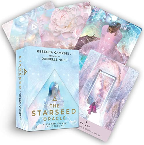The Starseed Oracle card deck box and cards with pastel colors and mystical illustrations.