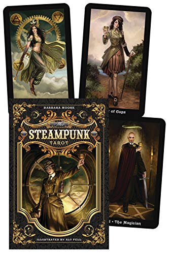 Steampunk Tarot deck cover with illustrated cards featuring Victorian-era figures.