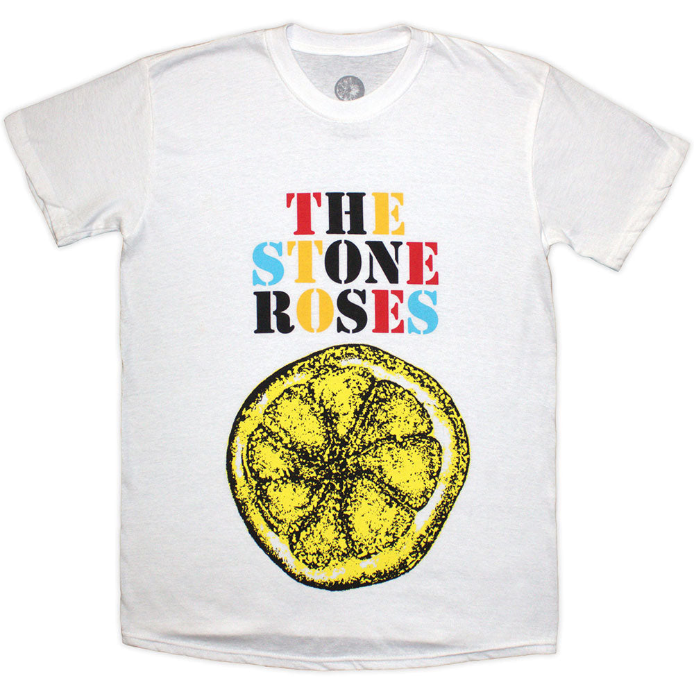 White t-shirt with multicoloured Stone Roses logo and lemon graphic.