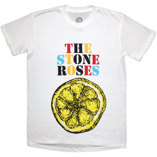 White t-shirt with multicoloured Stone Roses logo and lemon graphic.