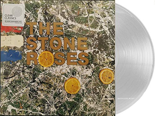 The Stone Roses album cover with splatter paint and lemons next to clear vinyl.
