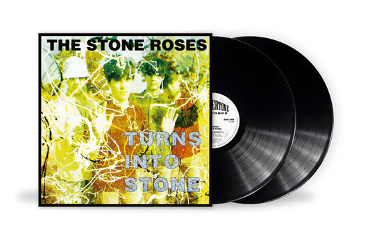 The Stone Roses “Turns into Stone” vinyl record with colorful cover art.