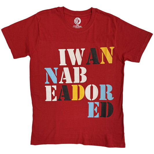 Red short-sleeved t-shirt with multi-colored text reading I WANNA BE ADORED on front.