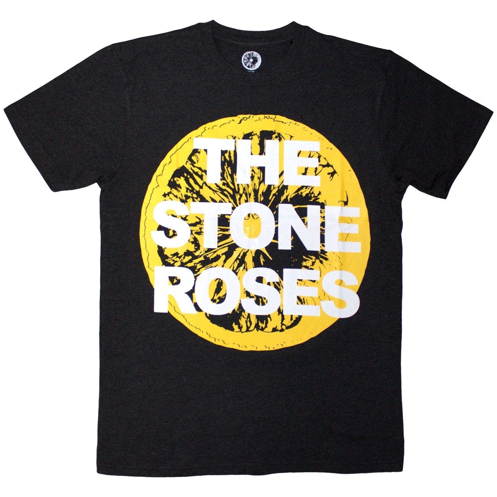 Black t-shirt with a yellow circular graphic featuring "The Stone Roses".