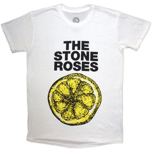White t-shirt featuring The Stone Roses' lemon logo from their 1989 tour.