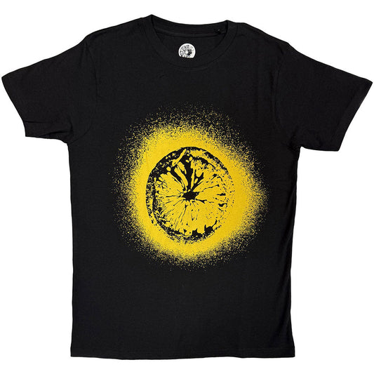 Black t-shirt featuring a yellow spray-painted lemon graphic on the chest.