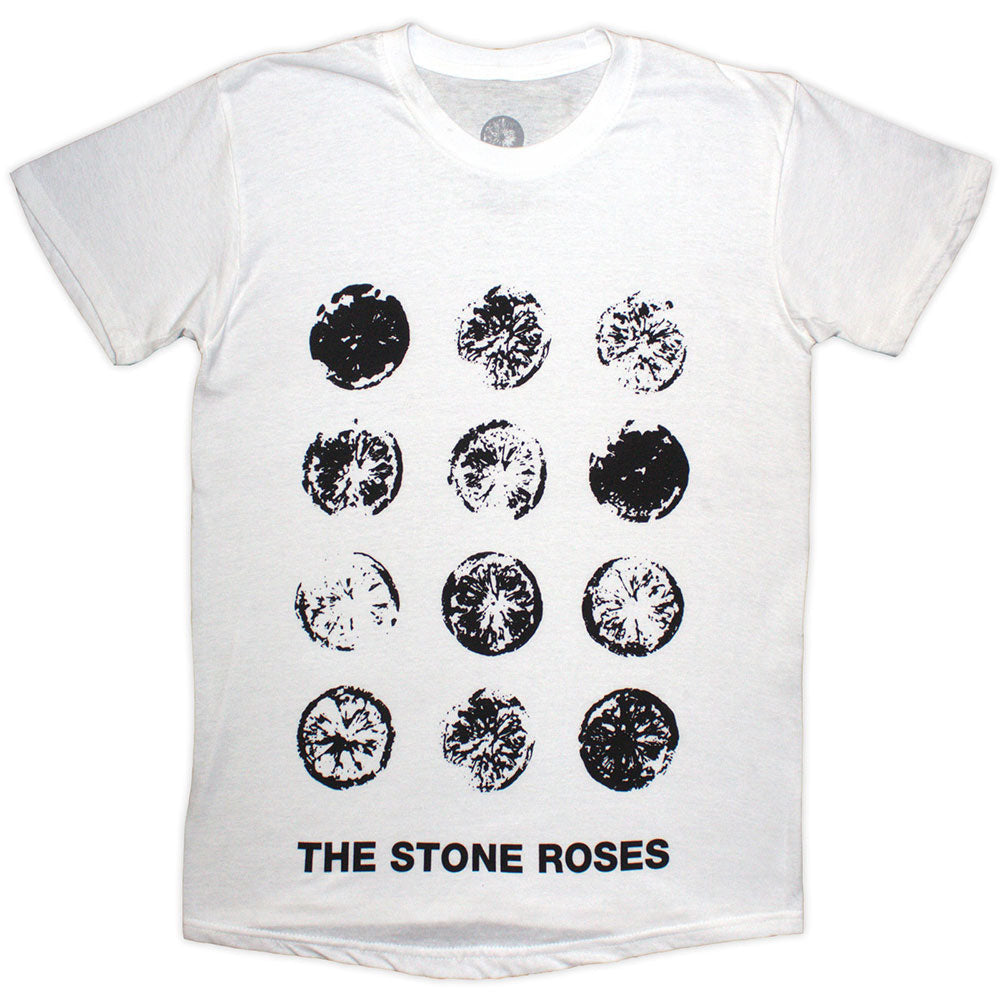 White t-shirt with a repeating lemon grid pattern, Stone Roses branding.