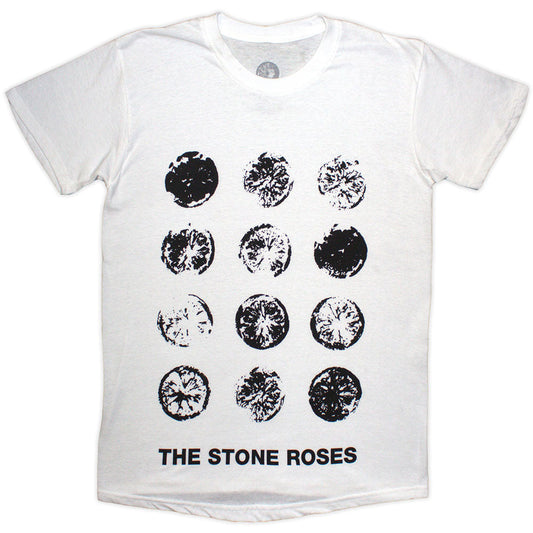 White t-shirt with a repeating lemon grid pattern, Stone Roses branding.