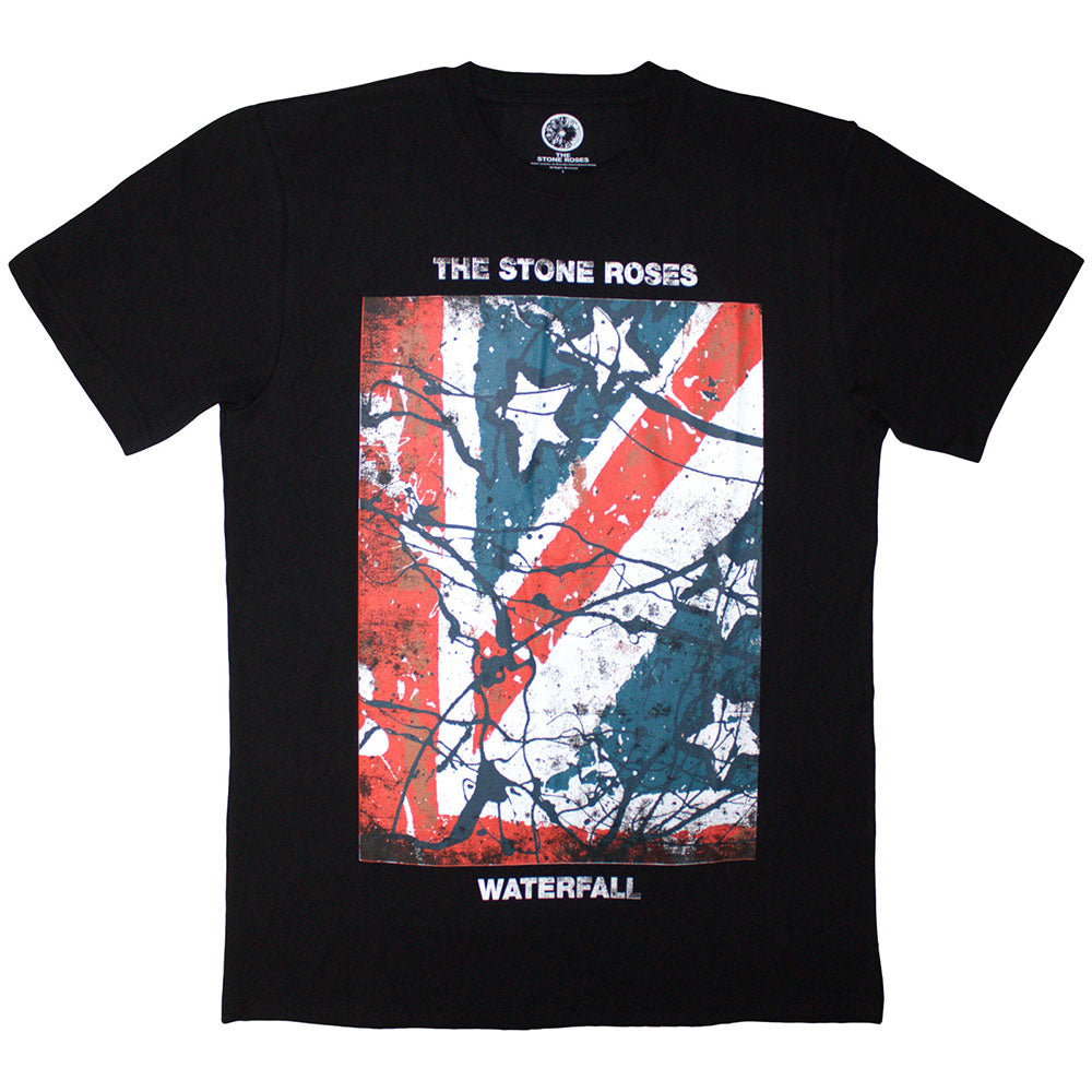 Black t-shirt with a distressed Union Jack and "Waterfall" text.
