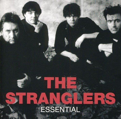The image is a CD cover for "The Stranglers - Essential" featuring four men in black clothing posing together. Alt text: Four men in black posing together, with red title text below.