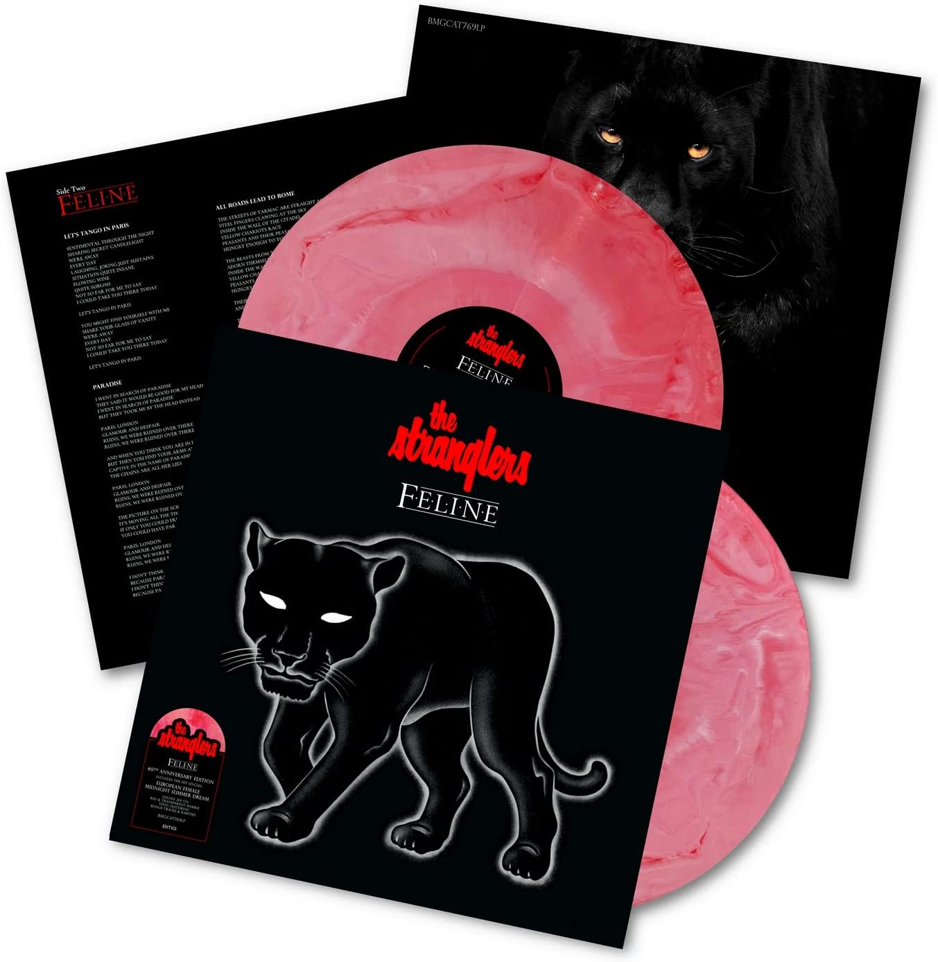 "Red marbled vinyl record with black sleeve featuring a black panther illustration."