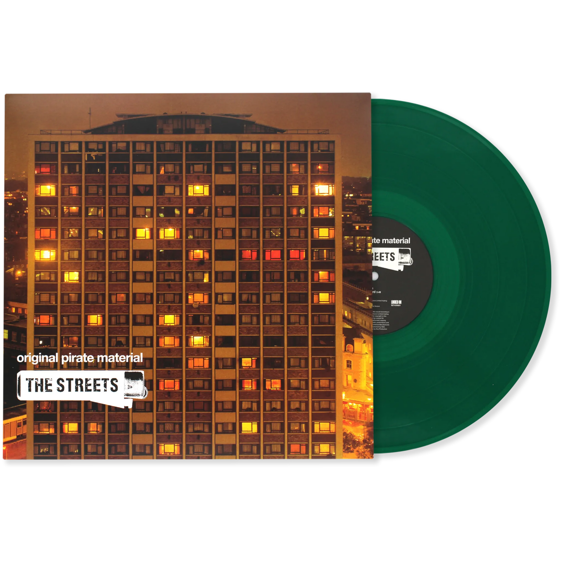 Green vinyl record with album cover depicting a lit apartment building.