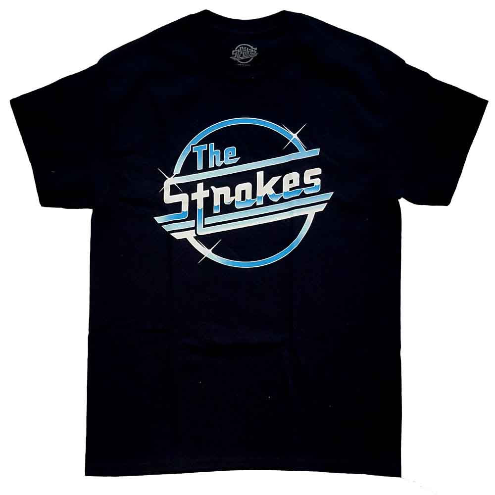 Black t-shirt featuring The Strokes band logo in a blue and white circular design.