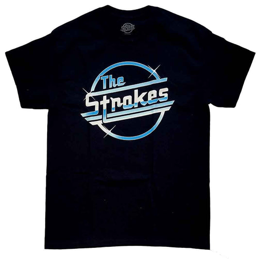 Black t-shirt featuring The Strokes band logo in a blue and white circular design.