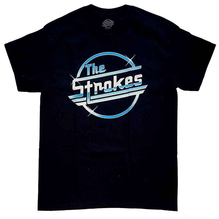 Black t-shirt featuring The Strokes band logo in a blue and white circular design.