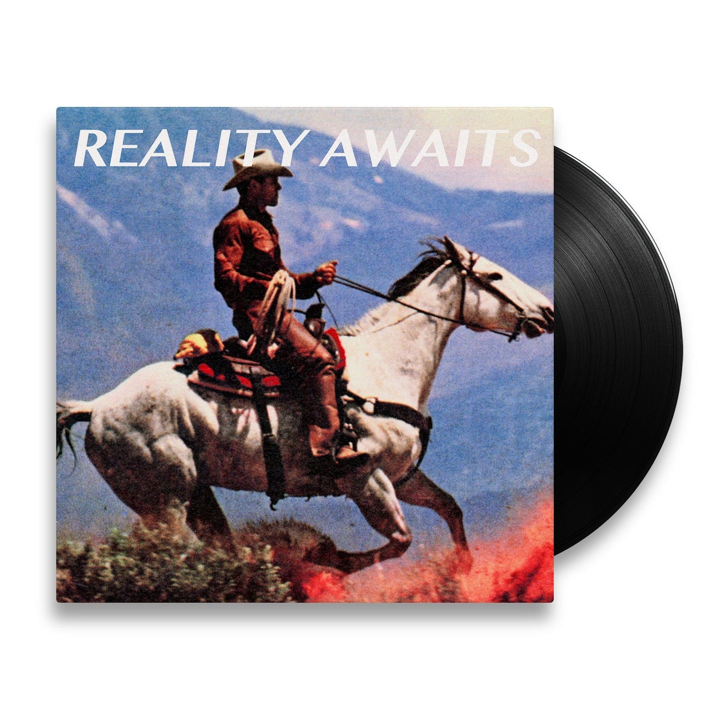 VinylC cowboy riding a white horse with "REALITY AWAITS" text and a vinyl record.