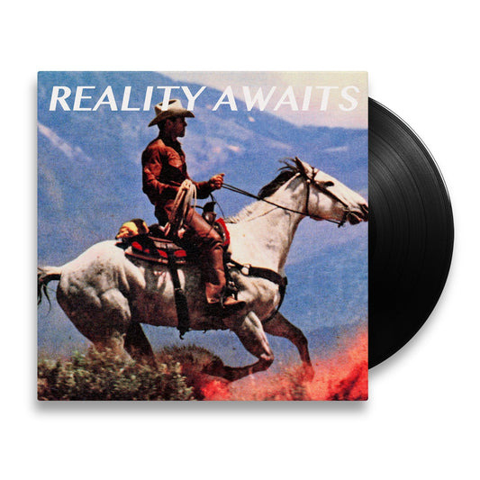 VinylC cowboy riding a white horse with "REALITY AWAITS" text and a vinyl record.
