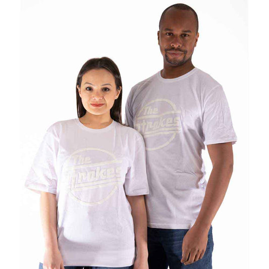 White unisex t-shirt featuring The Strokes logo in a tonal white-on-white raised print.