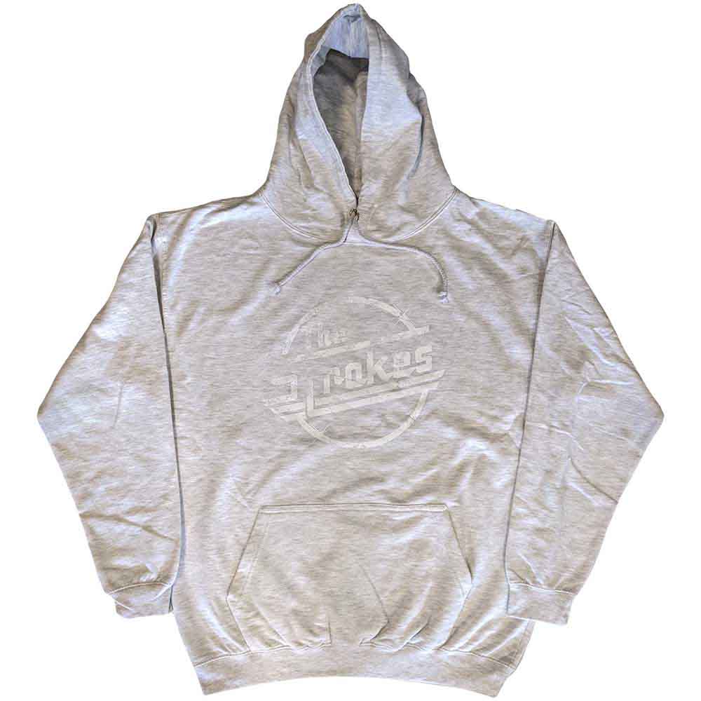 Black unisex pullover hoodie featuring a distressed white The Strokes logo on the chest.