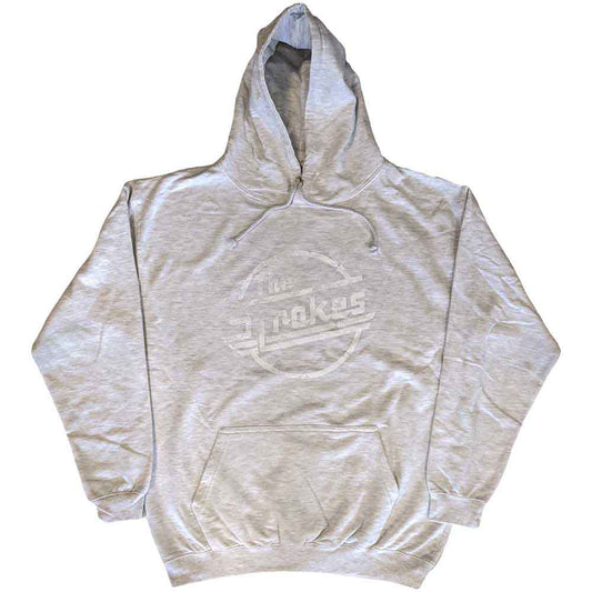 Black unisex pullover hoodie featuring a distressed white The Strokes logo on the chest.