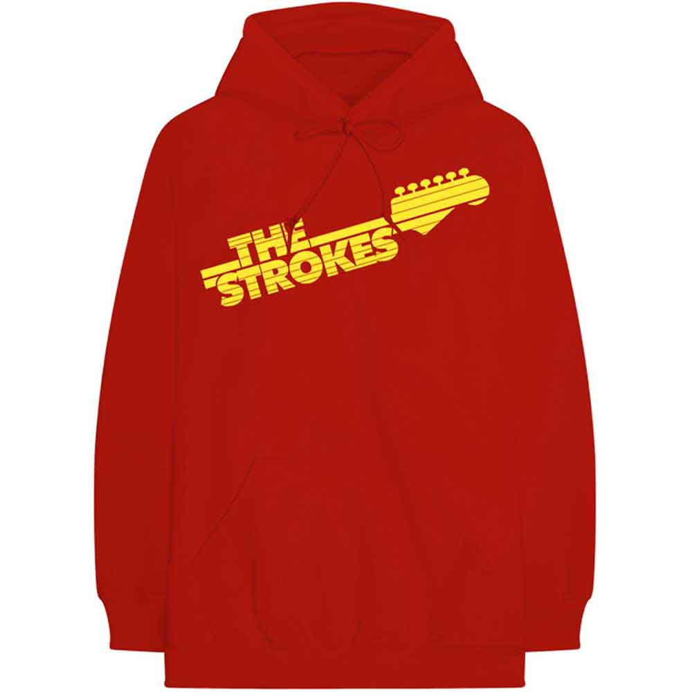 Gray pullover hoodie with The Strokes guitar fretboard logo, size medium.