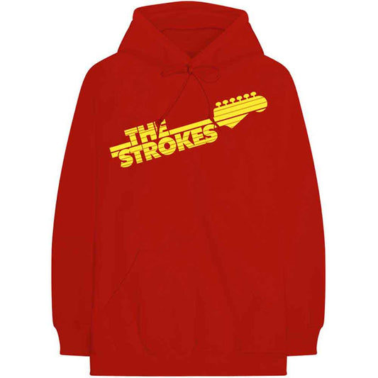 Gray pullover hoodie with The Strokes guitar fretboard logo, size medium.