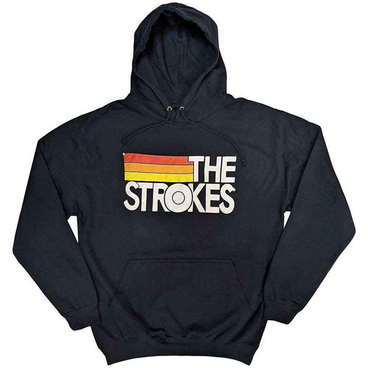 Dark pullover hoodie with The Strokes logo and striped sleeves, size XX-Large.