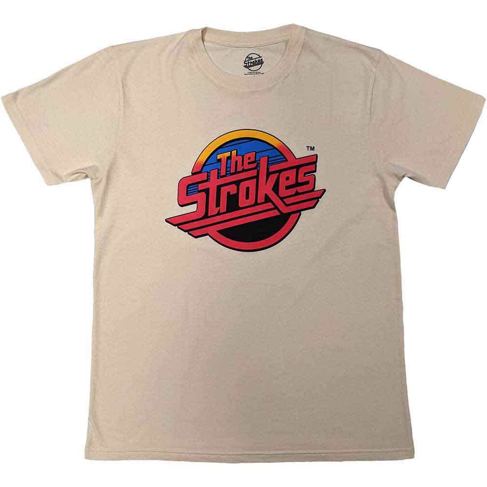 Red The Strokes logo on a large, unisex black t-shirt.