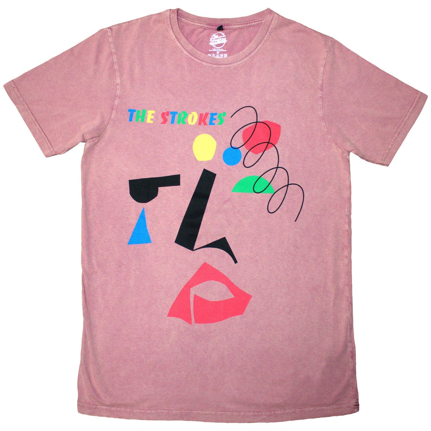 Red, washed t-shirt with abstract face graphic, unisex style, size X-Large.