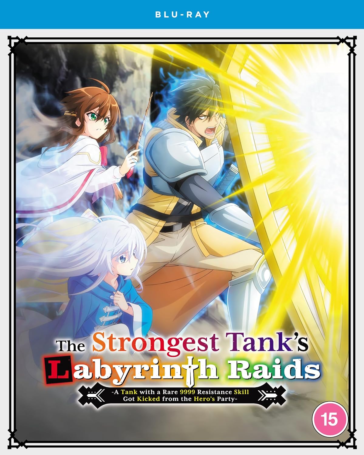 Blu-ray cover featuring anime characters in a labyrinth, titled “The Strongest Tank’s Labyrinth Raids.”