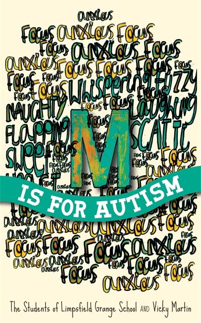 Book cover with a large letter M surrounded by handwritten words over a banner.