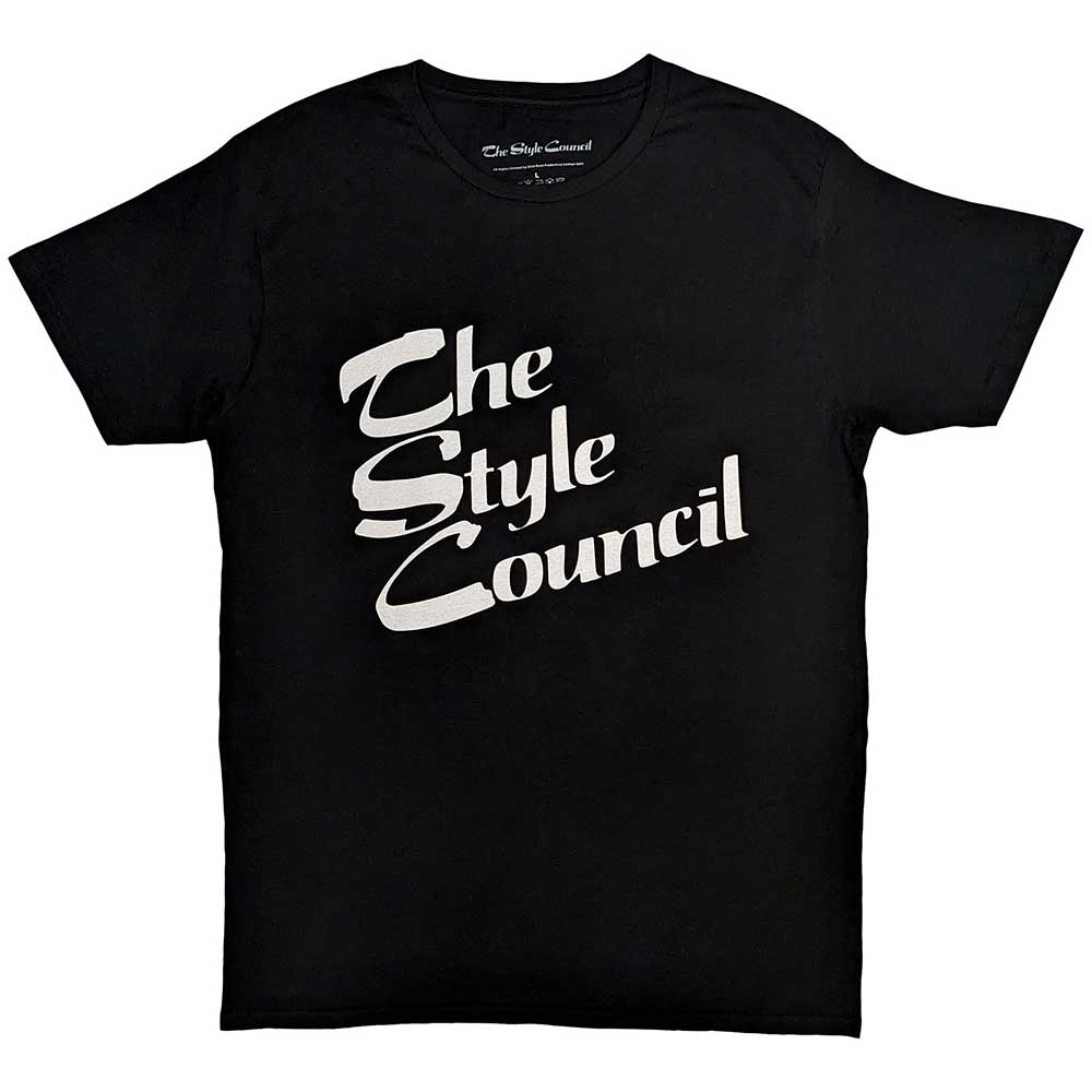 Black t-shirt with a stacked, white The Style Council logo; unisex style.