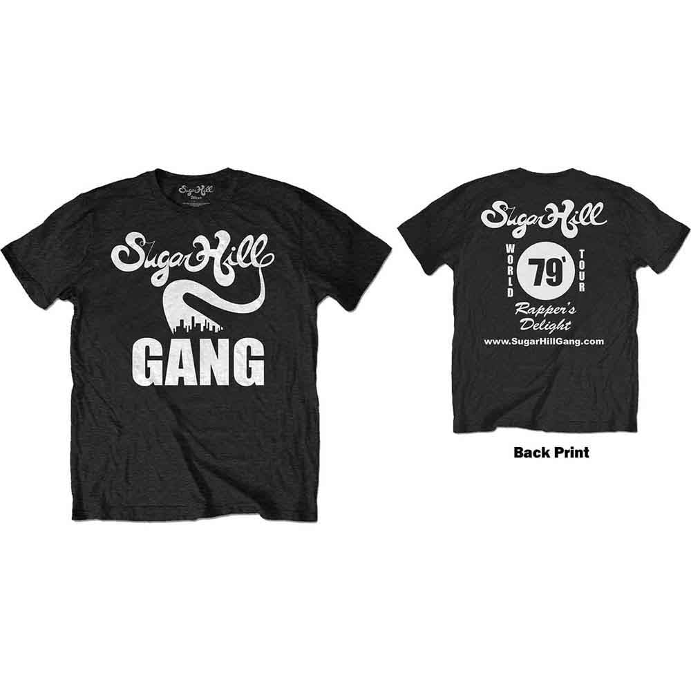 Black t-shirt with white "Sugar Hill Gang" and tour graphics, front and back.