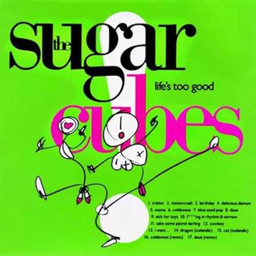 Sugarcubes album cover: bright green background, cartoon figures, pink text.