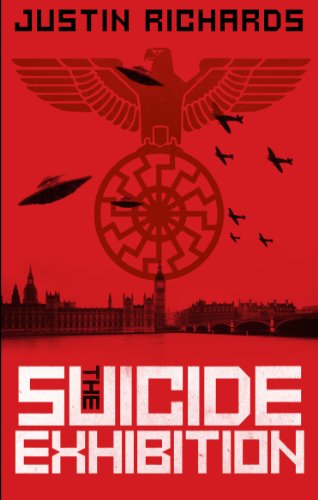 Book cover: red, with a swastika, planes, UFOs, and London skyline.