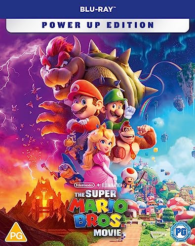 Blu-ray cover for “The Super Mario Bros. Movie” featuring Mario, Peach, and Bowser.