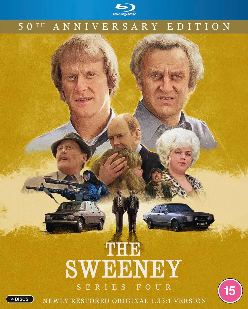 “The Sweeney” Series 4 Blu-ray cover featuring cast members and police cars.