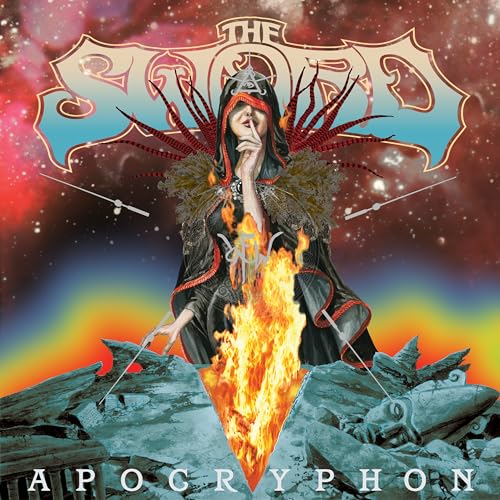 Album cover for The Sword's "Apocryphon" featuring a cloaked figure and flames.